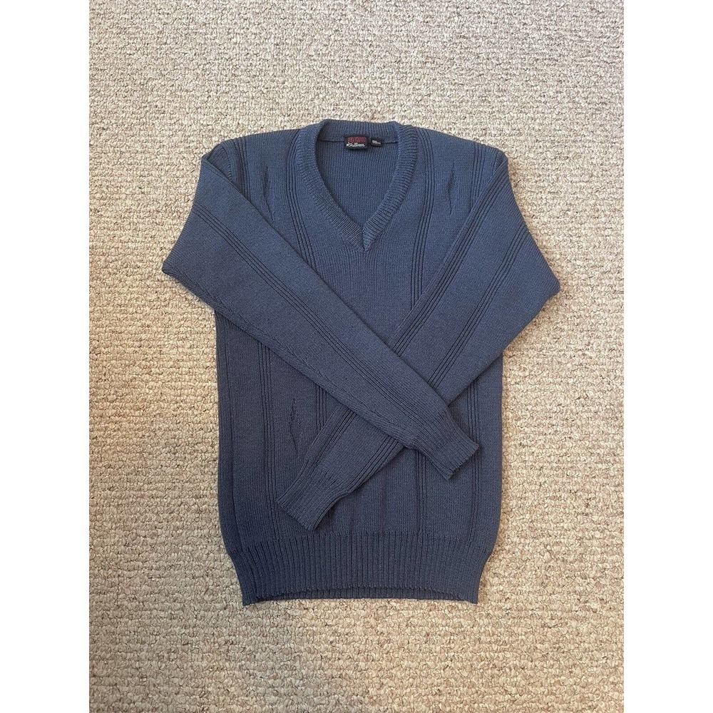 Vintage Raymond's Knitwear V-Neck Pattern Navy Wool Sweater Mens Size Medium